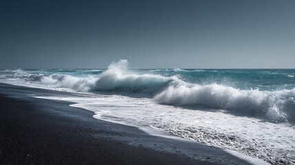 black volcanic sand beach with strong waves crashing natural beauty raw