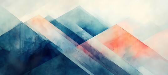 Abstract watercolor painting featuring overlapping geometric shapes in blue and peach tones art piece empty template