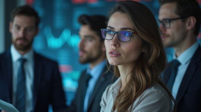 Worried businesswoman observing stock market data with colleagues
