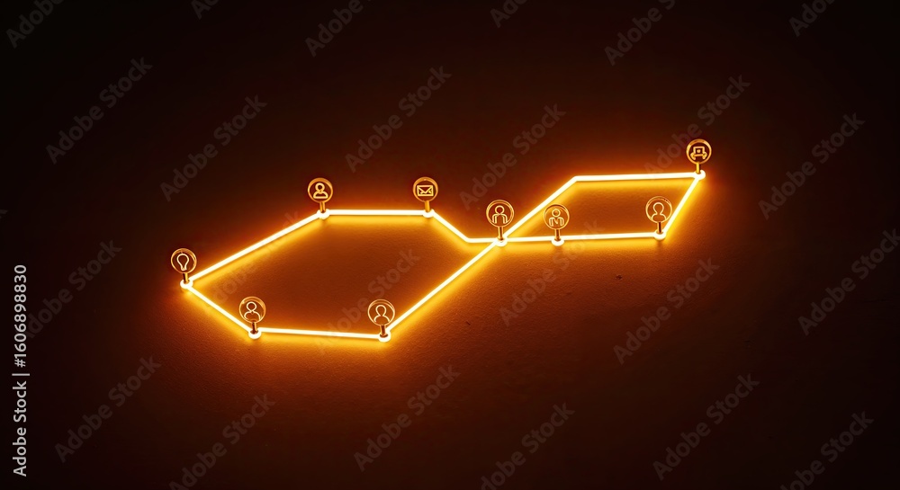 Poster a neon light art installation displays a stylized, glowing map with various connected nodes on a dar