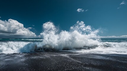 white waves crashing on black volcanic sand beach ocean spray vivid scene