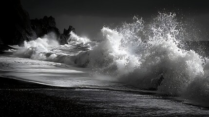 white waves crashing on black volcanic sand beach ocean spray vivid scene
