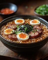 Close-up of steaming Japanese ramen with egg, pork, and nori on wooden table.