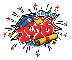 2026 class graduation header. Decorate congratulation for school graduates. Vector template in comic style on transparent background