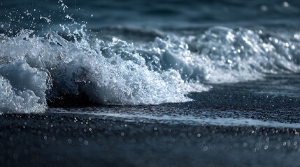 black volcanic sand beach waves crashing dynamic energy intense ocean motion