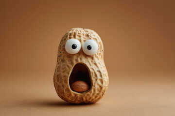 Peanut character with wide eyes and open mouth surprises viewers in a playful setup against a muted background