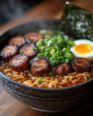 Close-up of steaming Japanese ramen with egg, pork, and nori on wooden table.