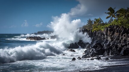 crashing waves on volcanic black sand beach foamy white surf natural coastline