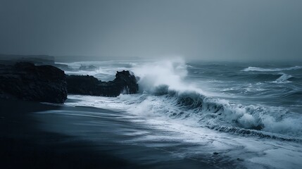 Fototapeta premium black volcanic sand beach with crashing waves rough sea atmospheric mood