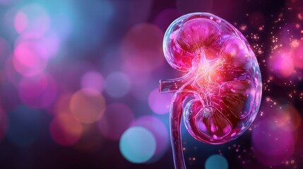 A detailed and glowing 3D illustration of a single human kidney in vibrant red and magenta hues, rendered with translucent surfaces revealing intricate internal structures.