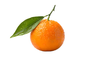 A single fresh ripe orange with a dewy green leaf and water drops. Professional studio photo isolated on a clean white background.