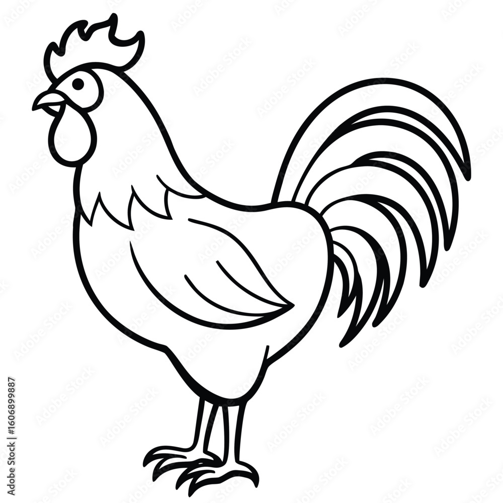 Poster a simple black and white line drawing of a proud rooster standing tall with its distinctive comb and