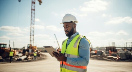 Site manager analyzing construction data on handheld tablet under clear sky.