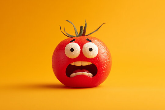 Expressive red tomato with worried facial features against a vibrant yellow background showcasing unique textures and vivid colors