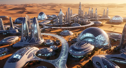 Futuristic city nestled in a desert landscape featuring sleek, modern architecture with dome-shaped buildings and towering skyscrapers.