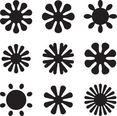 Set of nine abstract graphic shapes, including stylized flowers, suns, and starbursts. Black silhouette vector icons for design.