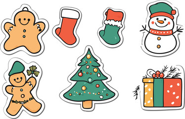Naklejka premium Festive Christmas Stickers Gingerbread Man Stockings Christmas Tree Snowman and Gift Box