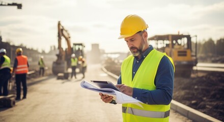 Professional at active road construction zone reviewing digital blueprints and progress reports.