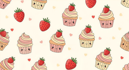 Adorable kawaii cupcakes and strawberries repeat in a delightful pattern, perfect for sweet backgrounds.