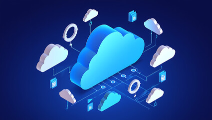 An abstract isometric illustration depicts a central blue cloud computing hub connected to smaller clouds and data servers, symbolizing a distributed network and digital information flow