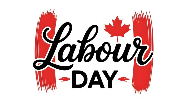 Naklejki Labour Day Canada Celebration Text with Maple Leaf and Brush Strokes Canadian holiday