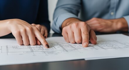 Closeup of hands pointing at technical drawing sheets