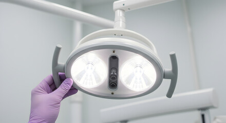 Hand in Purple Surgical Glove Adjusting Dental Examination Light in White Operating Room