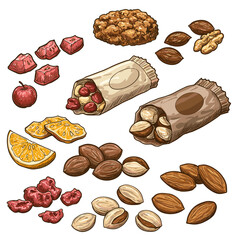 Assorted snacks including nuts, fruits, and granola bars on white background  
