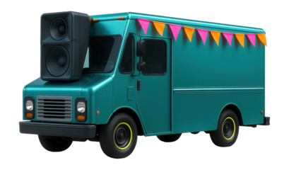 Food truck with a front-mounted speaker system and colorful banners