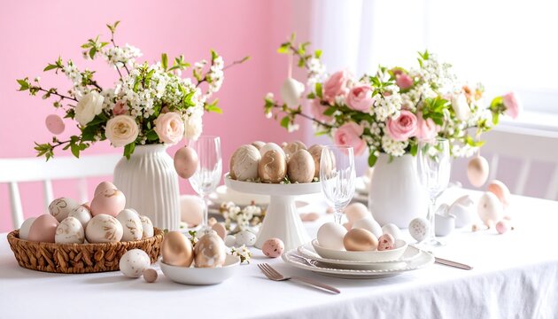 Festive Easter table setting with flowers and eggs