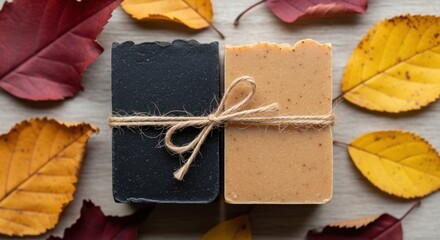 Handmade natural soap bars tied together with autumn leaves