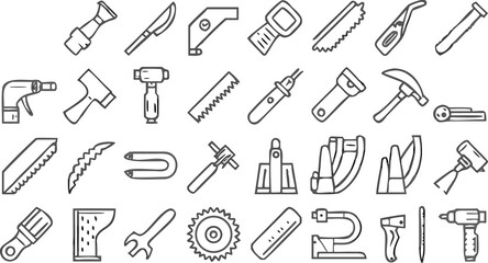 Vector Line Icons of Power and Hand Tools for Construction & Woodworking
