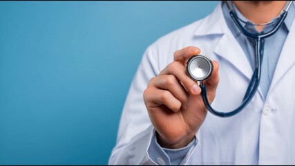 Doctor or cardiologist holding stethoscope toward camera in digital health, displaying social media icons. Medical professional, telemedicine, healthcare, digital communication, clinical setting, prof - Powered by Adobe