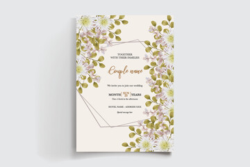 WEDDING INVITATION FRAME WITH FLOWER DECORATIONS AND FRESH LEAVES