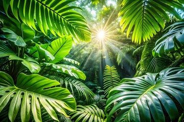 Sunbeams filter through the dense canopy of a lush green forest illuminating mosscovered ground and delicate ferns