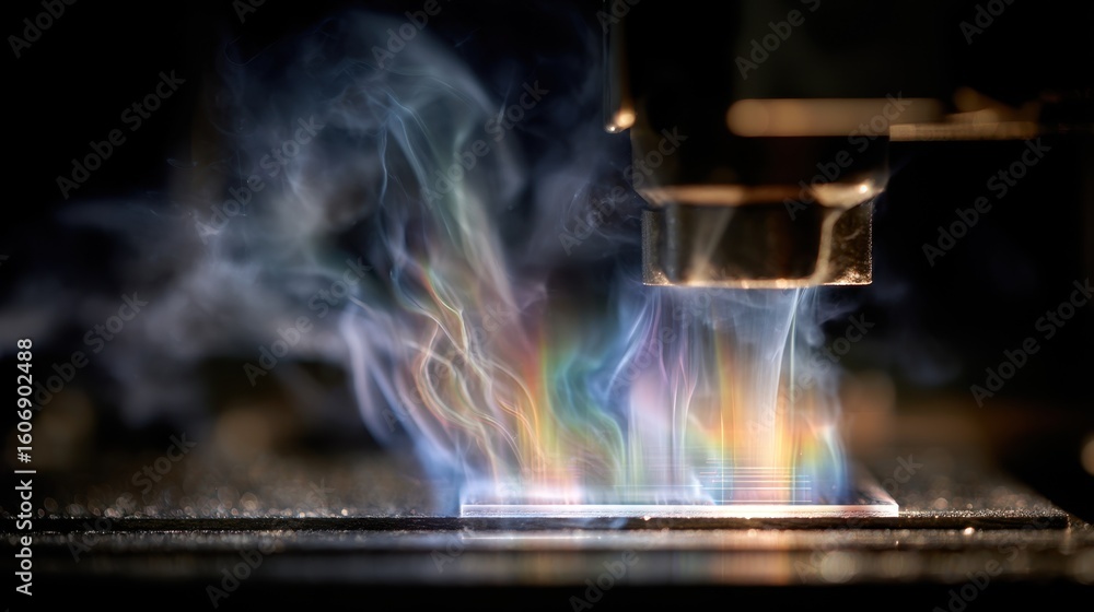 Poster macro image highlighting the nozzle of the 3d printer with plumes of colorful steam rising from the 