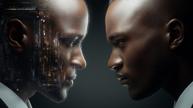 Conceptual image of a man facing his digital AI counterpart, blending human features with futuristic data patterns and technology elements.