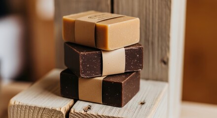 Stack of artisanal handmade soaps with natural ingredients