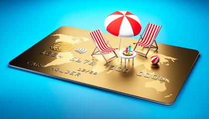Beach chairs with table and cocktails and umbrella placed on a large golden credit card on blue...
