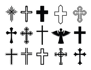Collection of Christian Crosses Religious Symbols and Angel Silhouettes Set