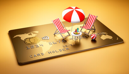 Beach chairs with table and cocktails and umbrella placed on a large golden credit card on yellow...