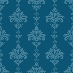Seamless classic damask pattern in blue tones featuring elegant ornamental floral shapes. Suitable for wallpaper, luxury design, and textile projects.