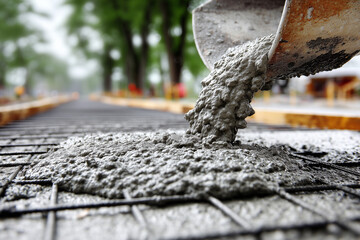 Concrete being poured for road construction.