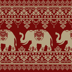 Elegant Thai elephant damask pattern with traditional floral elements in gold on red background. Ideal for textile, wallpaper, and luxury design themes.