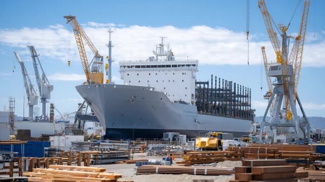 A colossal cargo ship skeleton takes shape in dry dock, with towering steel beams and cranes overshadowing nearby workers.