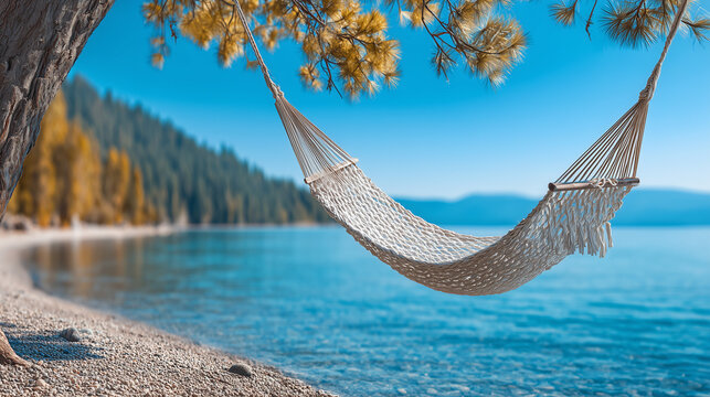 A white hammock hanging between pine trees on a quiet beach by a lake. Clear turquoise water, distant forest-covered mountains, and a blue sky create a calm, relaxing summer atmosphere. - Powered by Adobe