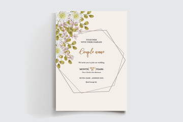 WEDDING INVITATION FRAME WITH FLOWER DECORATIONS AND FRESH LEAVES