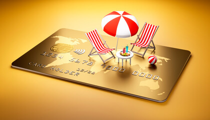 Beach chairs with table and cocktails and umbrella placed on a large golden credit card on yellow...
