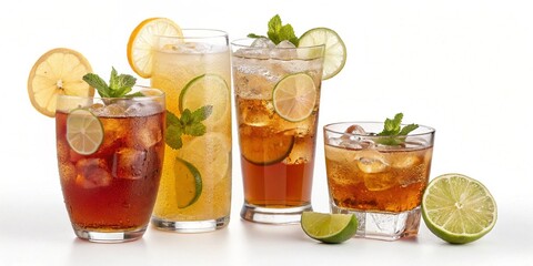 Four glasses of iced tea with lemon and lime garnishes