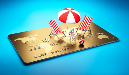 Beach chairs with table and cocktails and umbrella placed on a large golden credit card on blue...